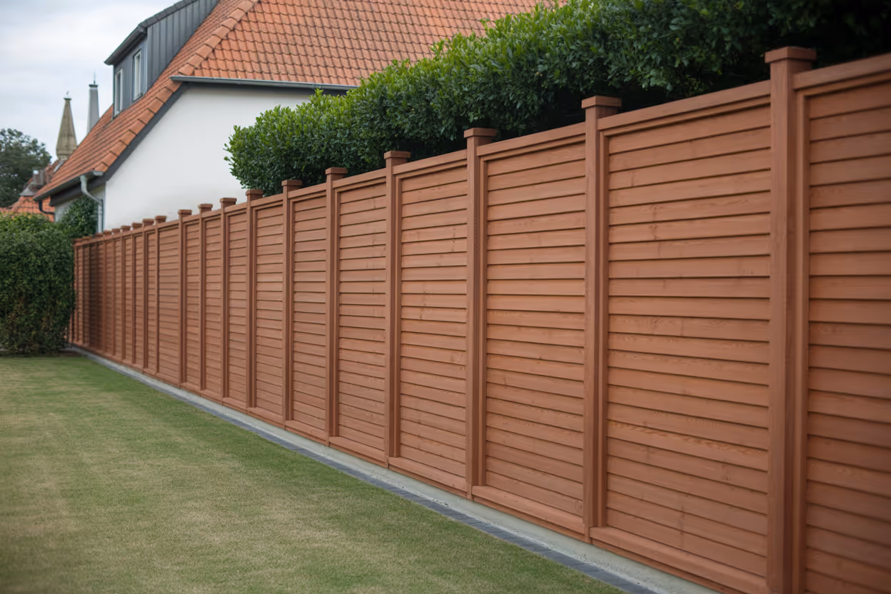 Langer brauner Holzzaun vor einem weißen Haus mit rotem Ziegeldach und grünen Büschen.