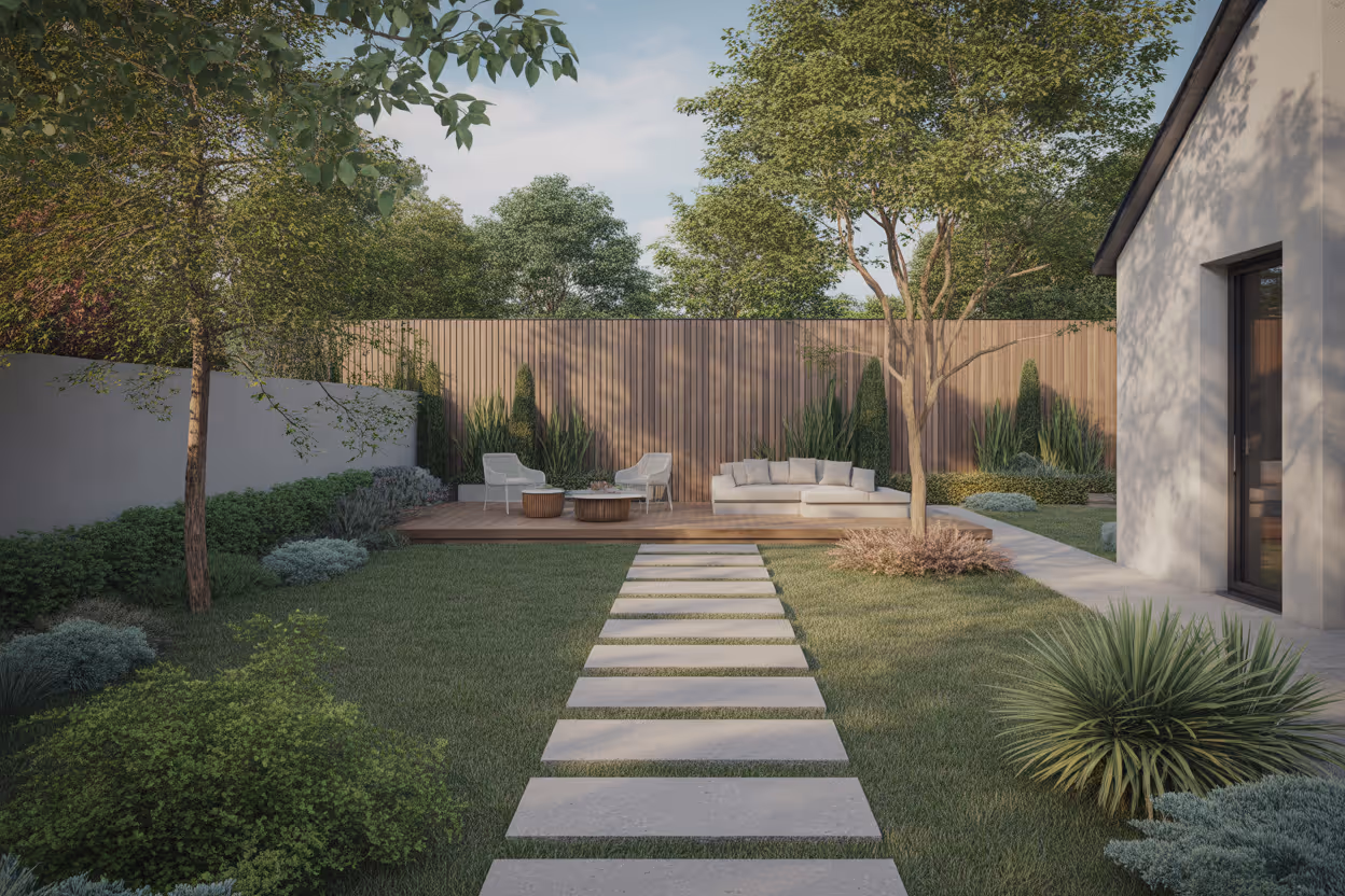 Moderner Garten mit einer gepflasterten Steinweg, Holzterrasse mit Sofas und Sesseln, umgeben von Bäumen und Sträuchern.