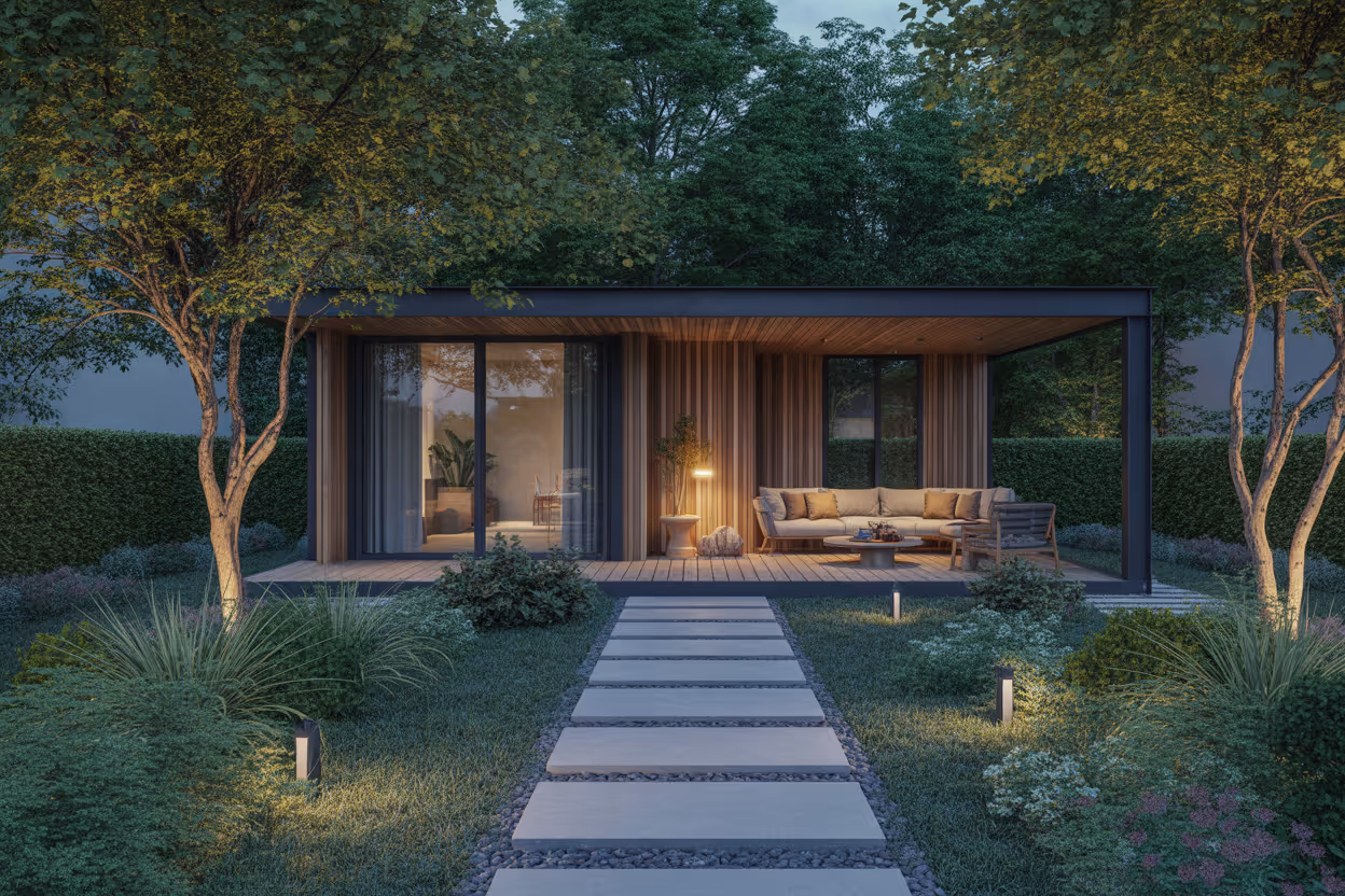 Moderner Gartenpavillon mit Holzwandverkleidung, Terrasse mit Sofa und Sessel, beleuchtet bei Dämmerung, umgeben von Bäumen und gepflegtem Rasen.