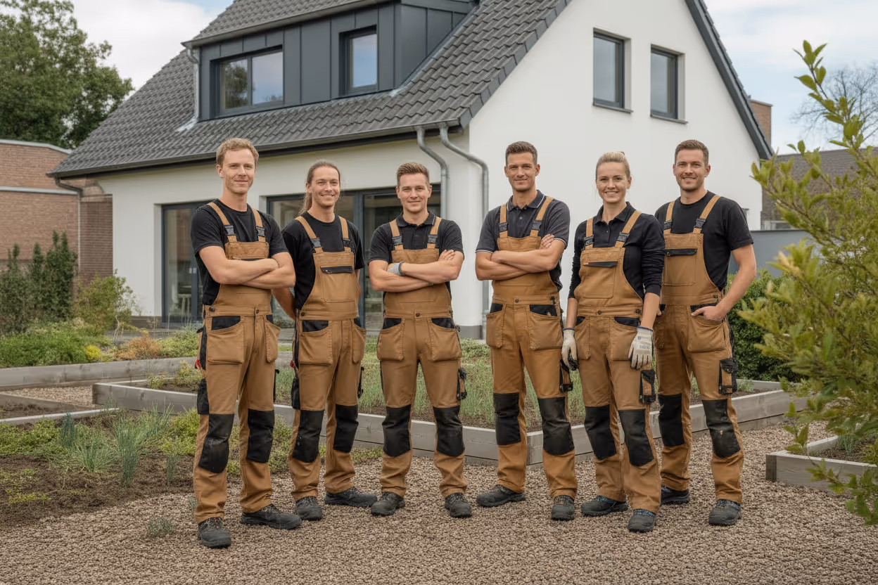 Sechs Landschaftsgärtner in brauner Arbeitskleidung stehen mit verschränkten Armen vor einem modernen Haus.