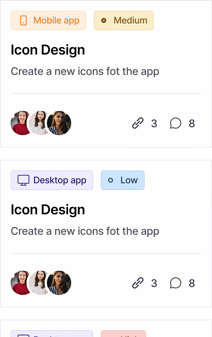 Two task cards titled Icon Design for creating new app icons, one for Mobile app marked Medium priority, the other for Desktop app marked Low priority, showing three user avatars, 3 attachments, and 8 comments each.
