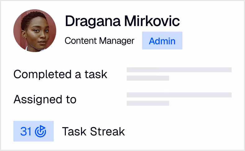 Profile card of Dragana Mirkovic, Content Manager and Admin, showing 31 task streak and details for tasks completed and assigned.