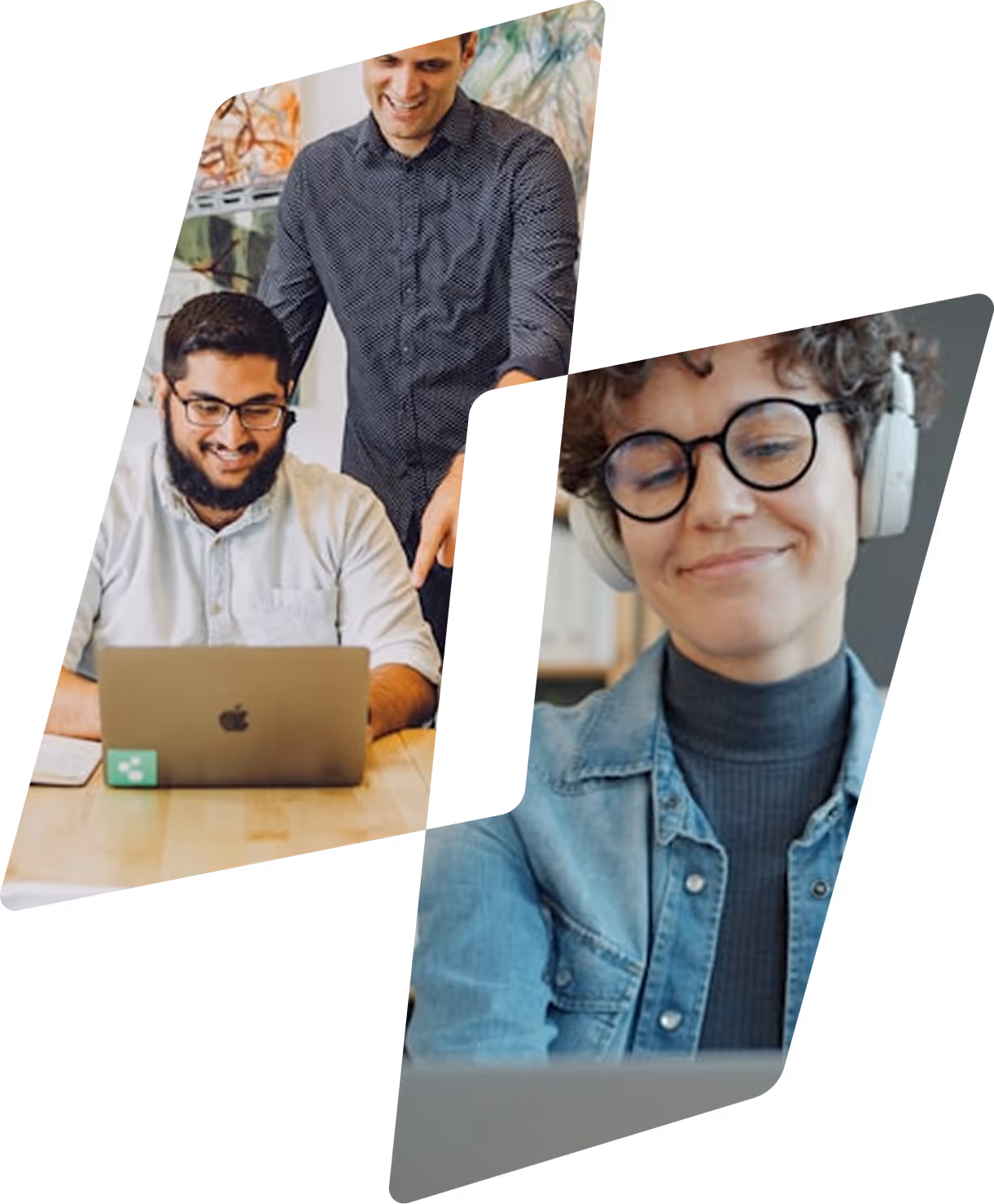 Two men working together on a laptop at a table and a woman wearing headphones and glasses smiling.