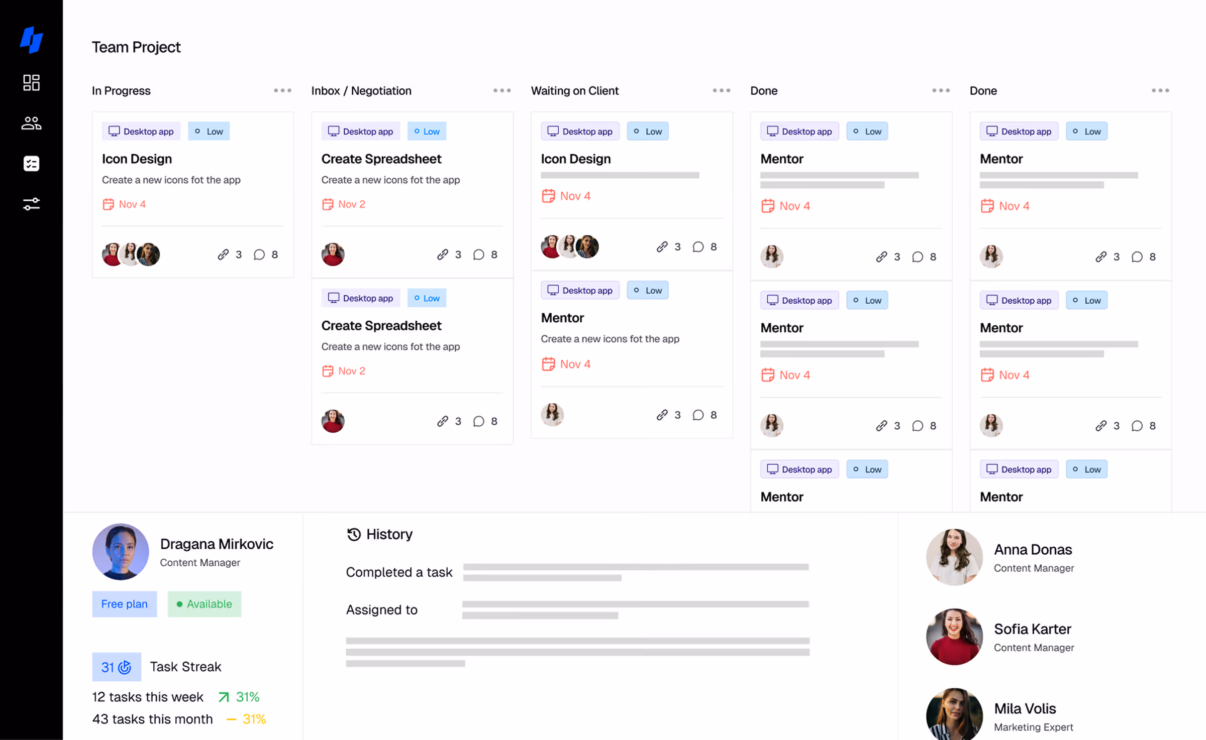 Kanban-style team project dashboard showing tasks in columns: In Progress, Inbox/Negotiation, Waiting on Client, and Done, with individual task cards detailing task titles, deadlines, assigned members, and status tags.