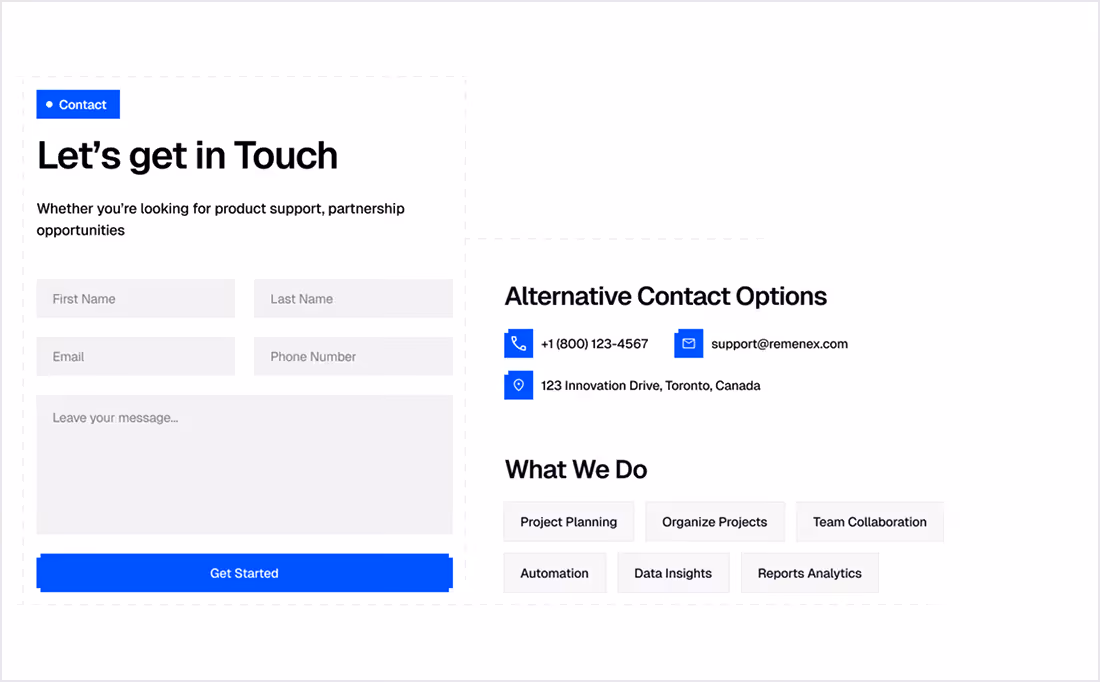 Contact form with fields for first name, last name, email, phone number, and message, a blue 'Get Started' button, alternative contact options including phone, email, and address in Toronto, and a list of services like project planning, organizing projects, team collaboration, automation, data insights, and reports analytics.
