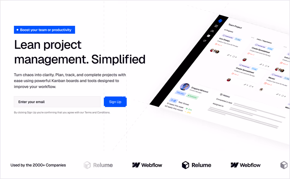Website homepage featuring lean project management software with Kanban board preview, email sign-up form, and logos of Relume and Webflow.