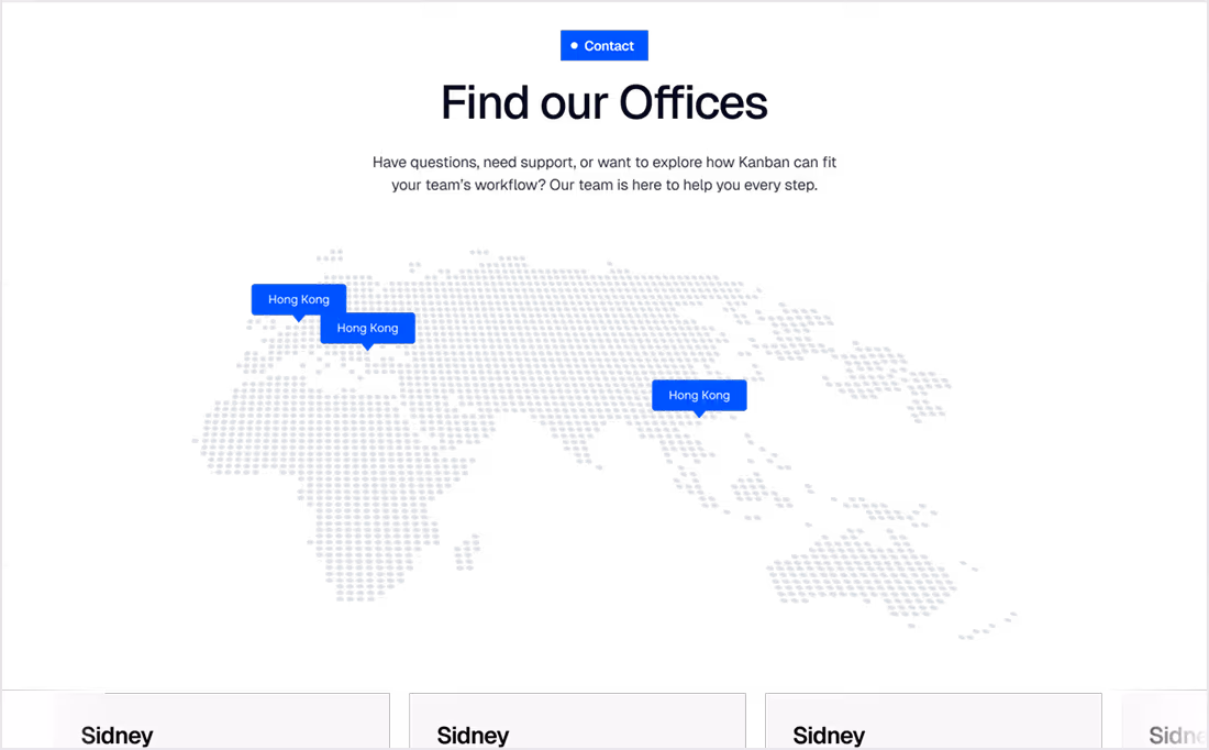 Dotted world map highlighting multiple office locations labeled Hong Kong in blue boxes.