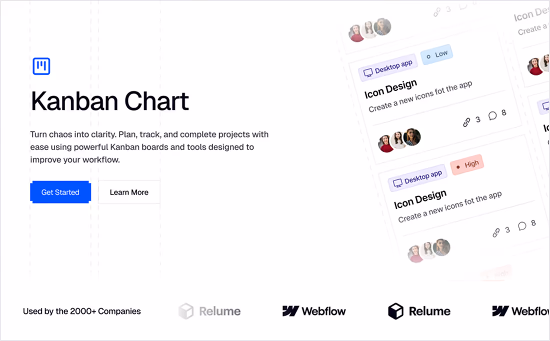 Kanban Chart webpage with text promoting Kanban boards to improve workflow, featuring Get Started and Learn More buttons, and logos of Relume and Webflow.