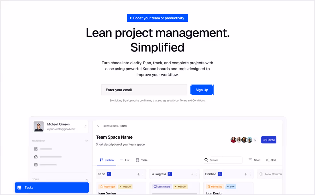 Webpage showcasing lean project management with email sign-up and Kanban task board interface labeled Team Space Name.