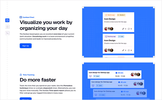 Kanban chart and time tracking interface showing task cards with labels, avatars, and timers organized for desktop and mobile app design.