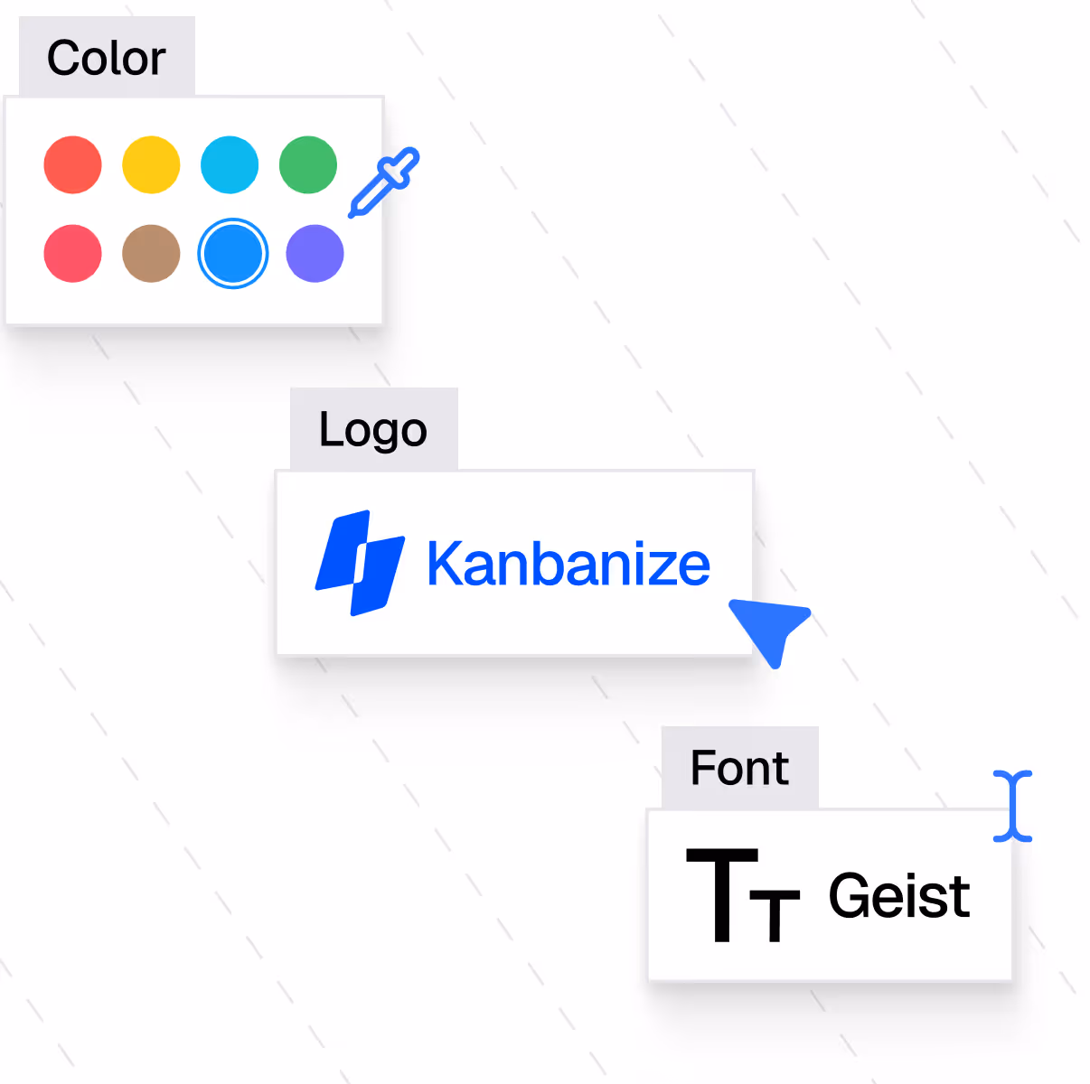 Color palette with eight colored circles and an eyedropper, blue Kanbanize logo with a cursor pointing at it, and font sample showing text 'Geist' with large 'T' letters.