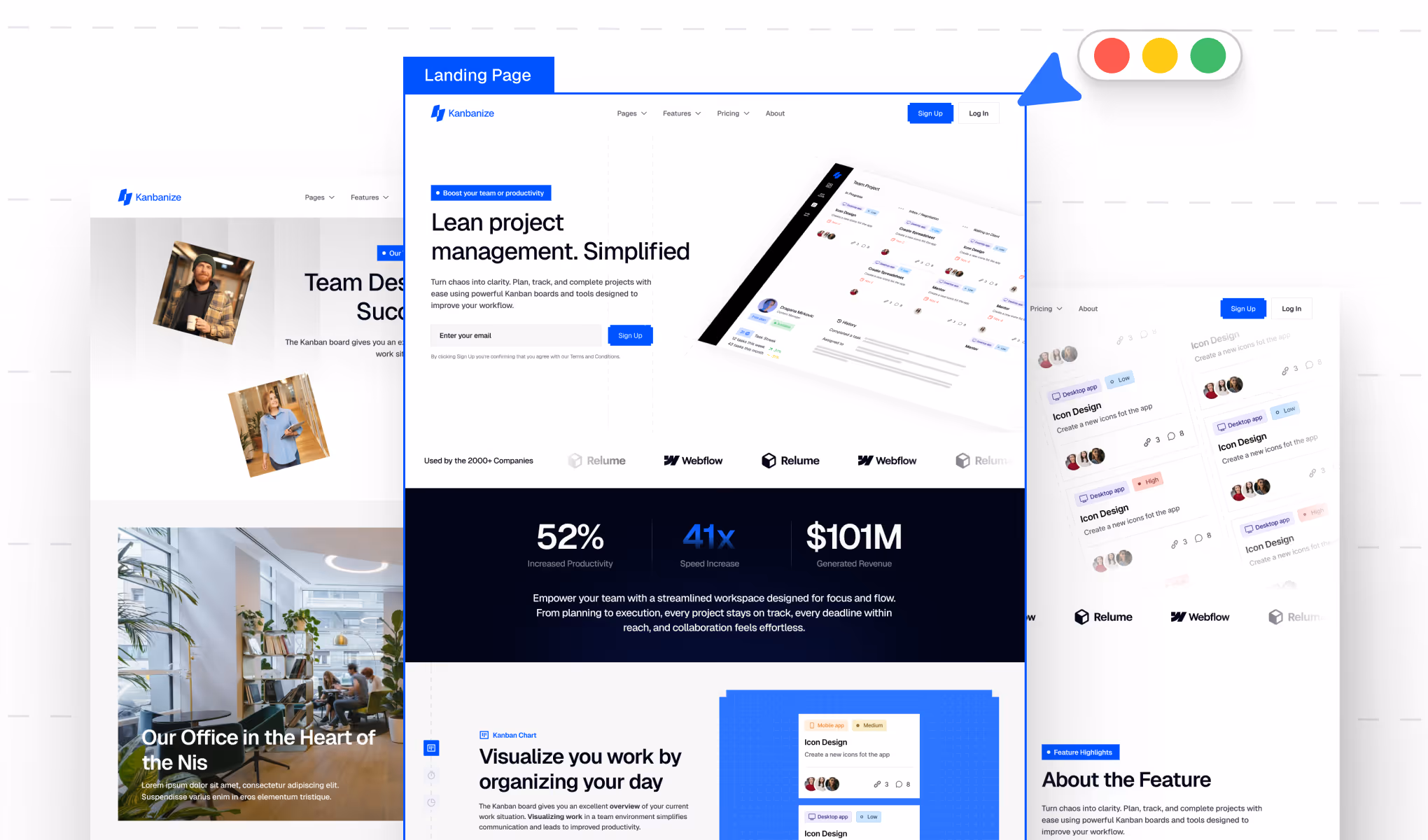Screenshot of a Kanbanize landing page showing lean project management features, statistics on productivity, and workspace organization with a white and blue interface.