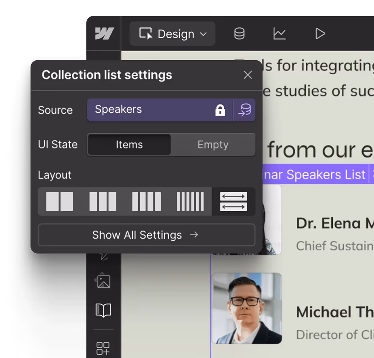User interface showing collection list settings with source set to Speakers, UI state on Items, various layout options, and a Show All Settings button.