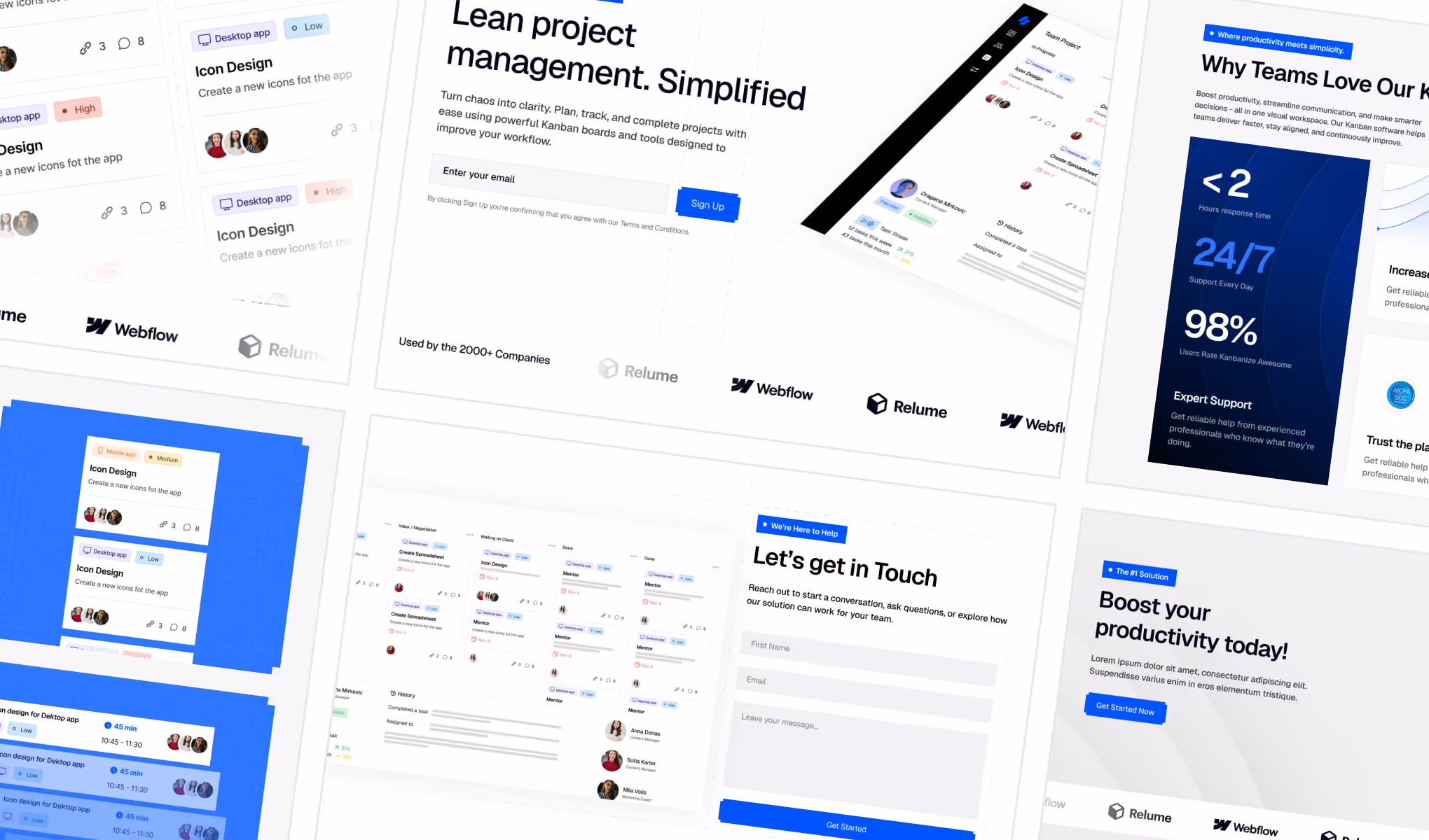 Screenshots of a project management app showing task design, Kanban boards, contact form, and productivity stats with logos of Webflow and Relume.