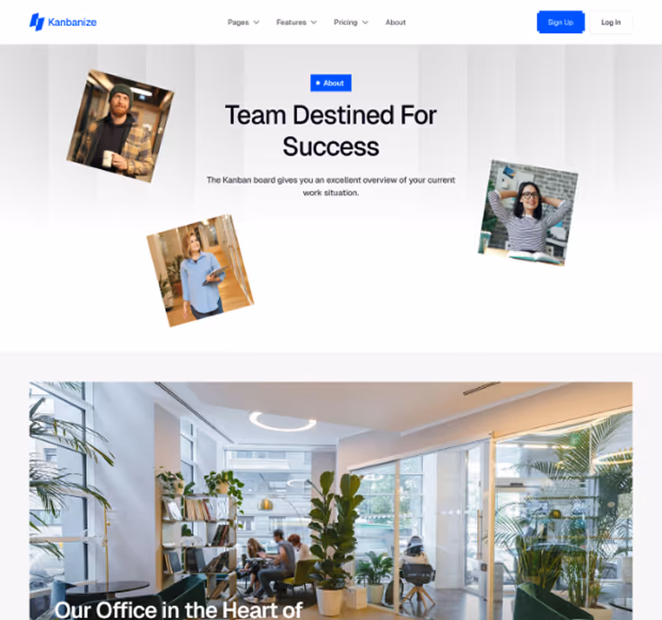 Kanbanize homepage featuring navigation links, a headline 'Team Destined For Success', images of three diverse team members, and a modern office space with plants and people working.