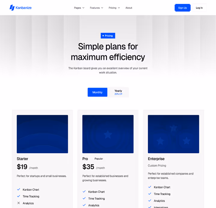 Kanbanize pricing page showing three subscription plans: Starter at $19/month for startups, Pro at $35/month for growing businesses, and Enterprise with custom pricing, each including features like Kanban Chart and Time Tracking.