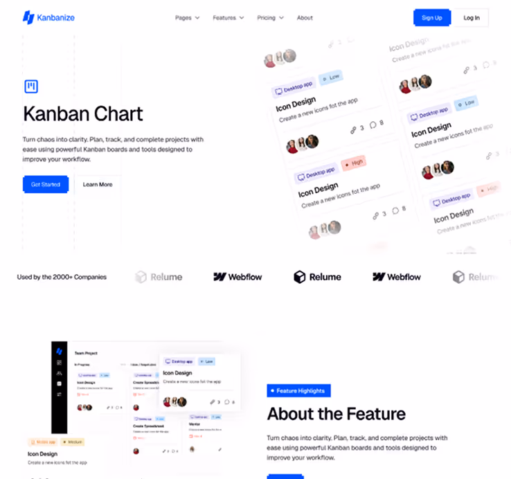 Kanbanize website screenshot showing Kanban Chart feature with sample task cards, company logos, and call-to-action buttons.