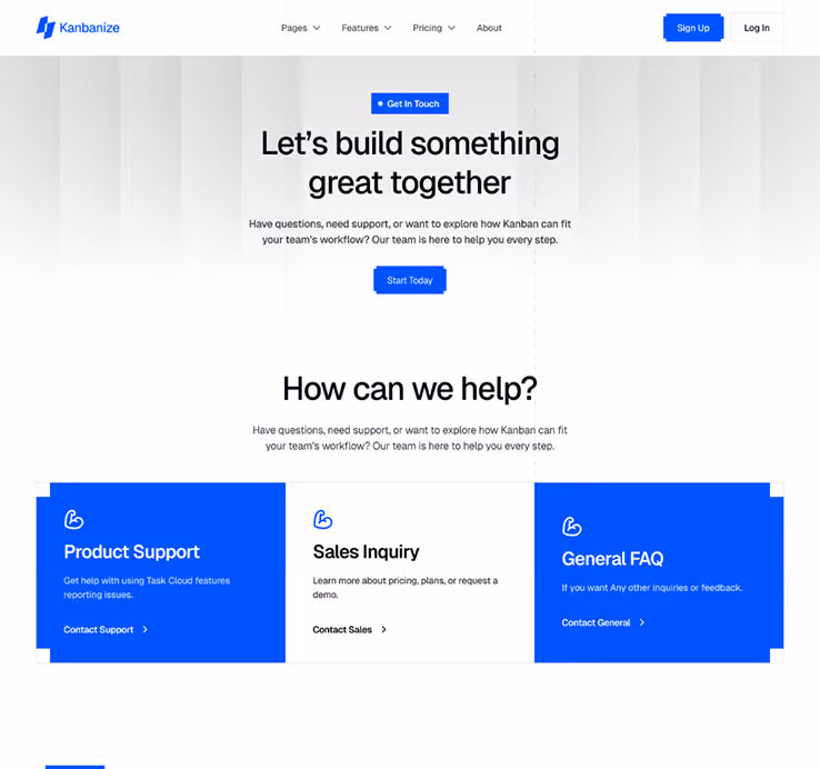 Kanbanize support page with options for Product Support, Sales Inquiry, and General FAQ, featuring a call to action to start or get in touch.