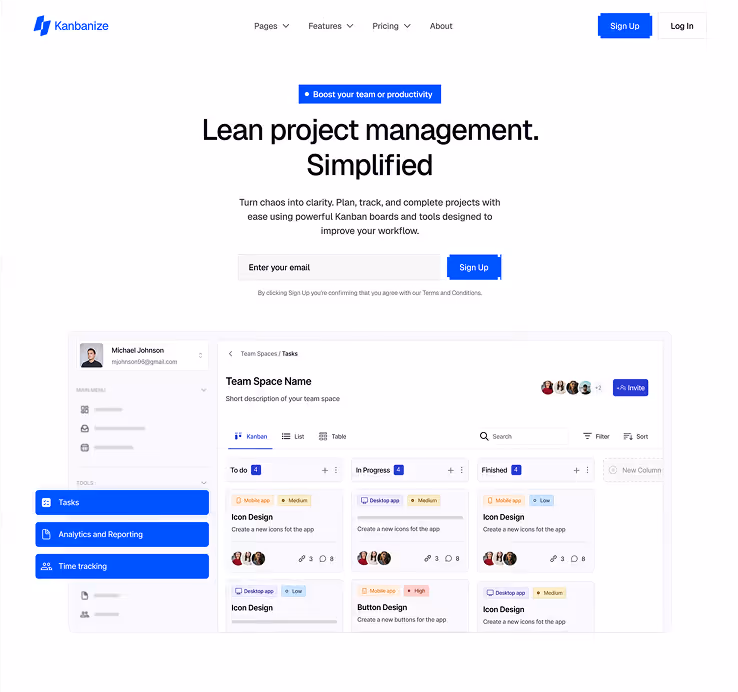 Kanbanize project management tool homepage showing a Kanban board with columns To do, In Progress, and Finished, and a sign-up form to enter email.