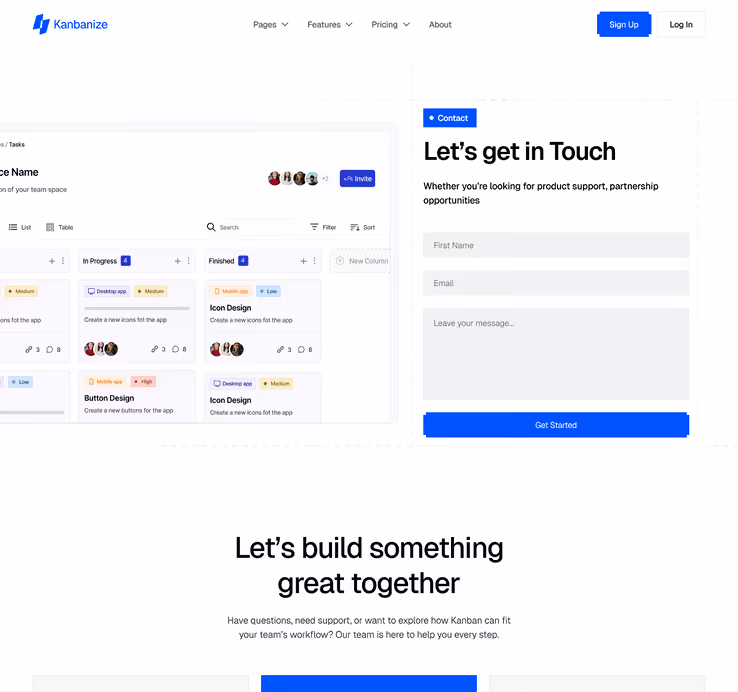 Kanbanize app interface showing task columns labeled In Progress and Finished with task cards, and a contact form titled Let's get in Touch with fields for name, email, message, and a Get Started button.