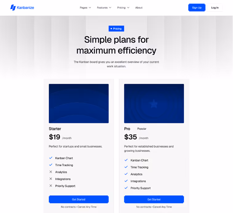 Kanbanize pricing page showing two plans: Starter at $19/month for startups with kanban chart and time tracking, and Pro at $35/month for established businesses with all features.