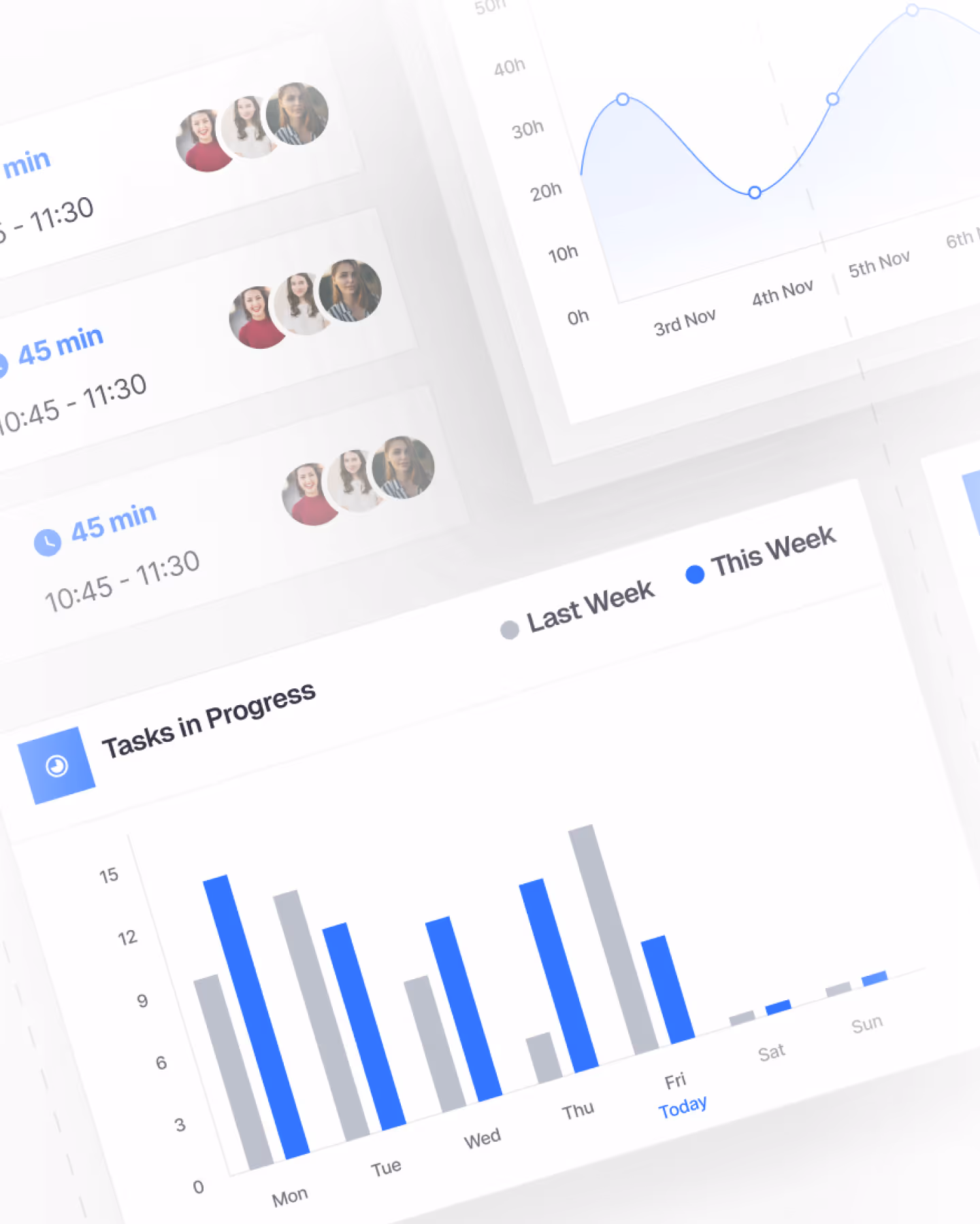Dashboard showing a bar chart of tasks in progress for last week and this week from Monday to Sunday, with icons of team members and time slots above.