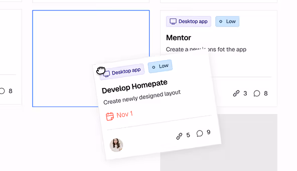 Task card titled 'Develop Homepate' labeled 'Desktop app' and 'Low' priority, with a due date of Nov 1, showing 5 links and 9 comments, and a user avatar.