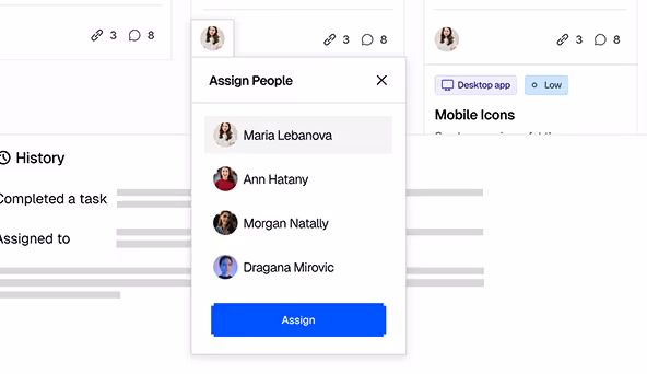 User interface showing a dropdown menu titled 'Assign People' with names and profile pictures: Maria Lebanova, Ann Hatany, Morgan Natally, and Dragana Mirovic, and a blue 'Assign' button below.