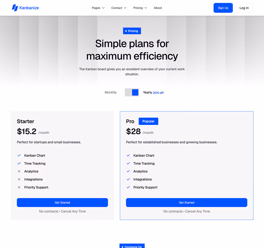 Kanbanize pricing page showing three subscription plans: Starter at $19/month for startups, Pro at $35/month for growing businesses, and Enterprise with custom pricing, each including features like Kanban Chart and Time Tracking.