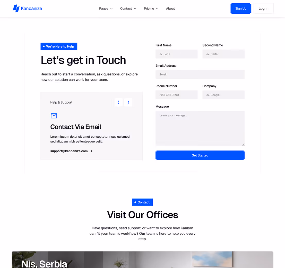 Kanbanize app interface showing task columns labeled In Progress and Finished with task cards, and a contact form titled Let's get in Touch with fields for name, email, message, and a Get Started button.