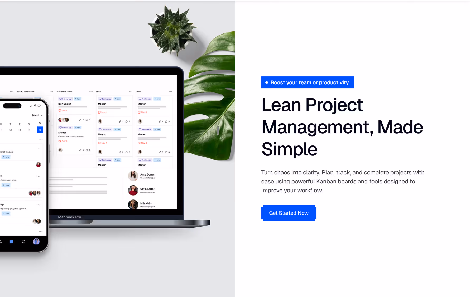 Website interface showing Kanban board features with task cards for icon design and time tracking sections describing productivity tools with sign up buttons.