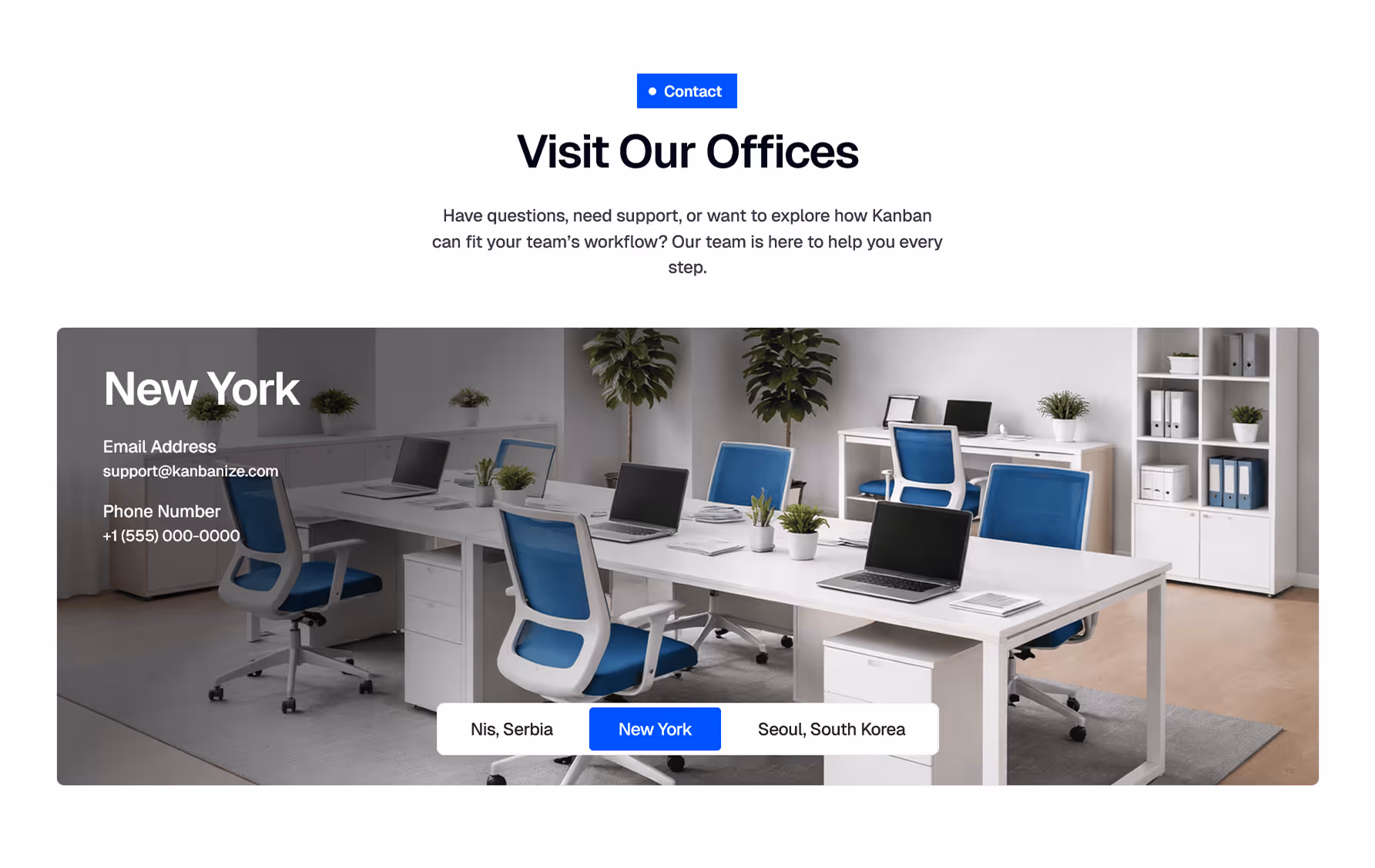 Landing page for lean project management with signup form and angled Kanban board interface showing project tasks and team activity.