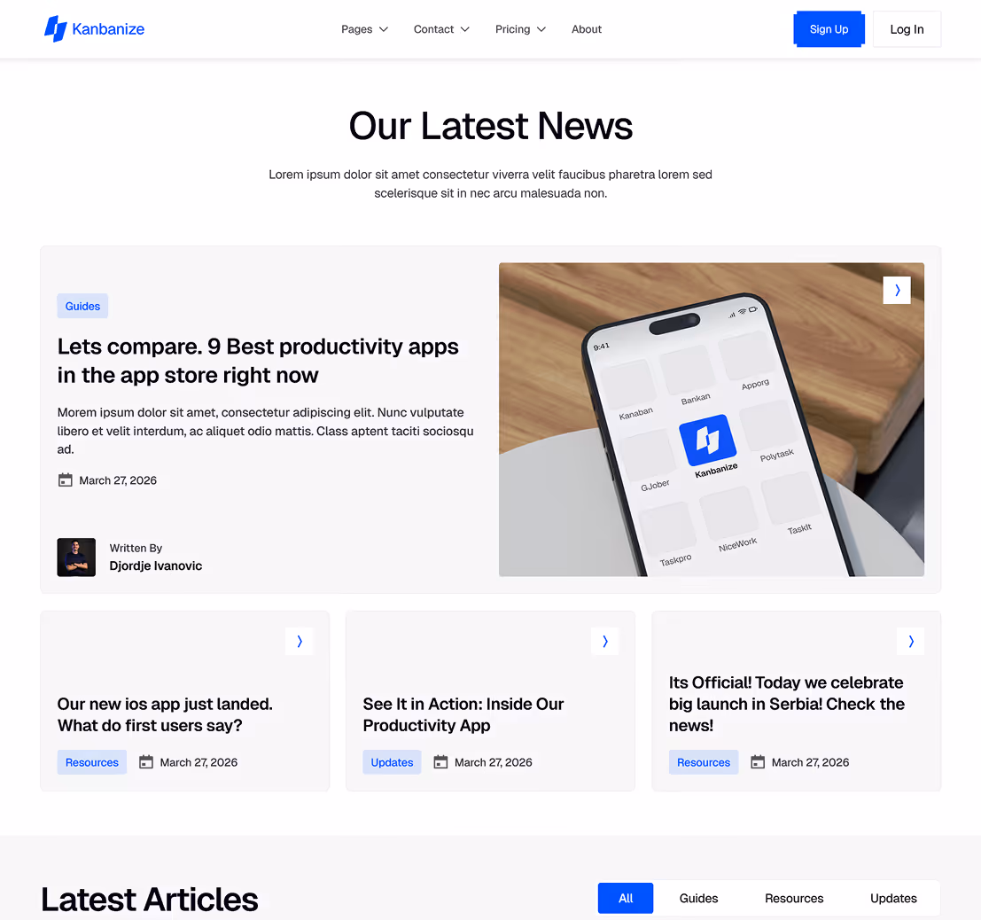 Kanbanize homepage featuring navigation links, a headline 'Team Destined For Success', images of three diverse team members, and a modern office space with plants and people working.