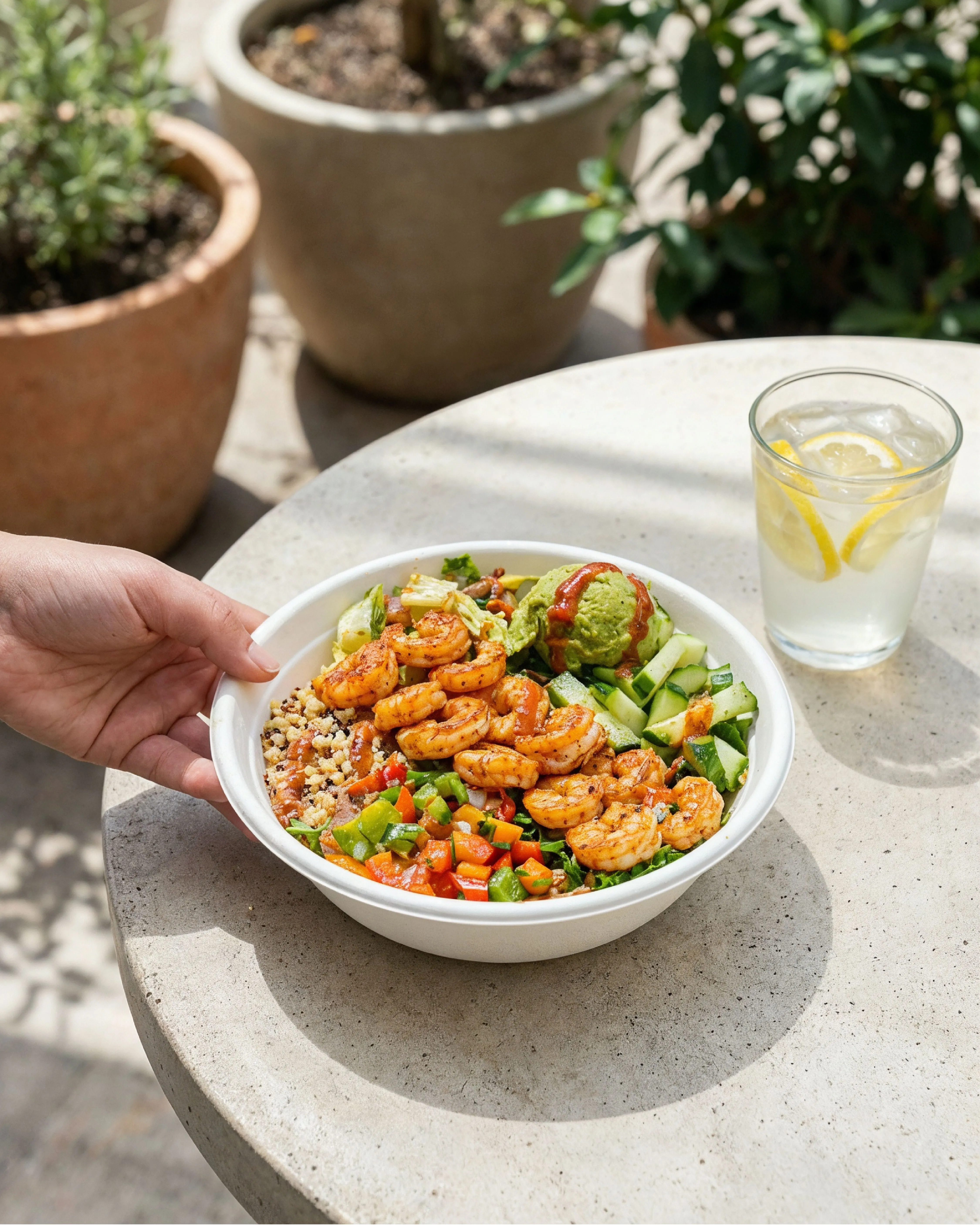 Shrimp bowl with quinoa, guacamole and fresh vegetables served on an outdoor table