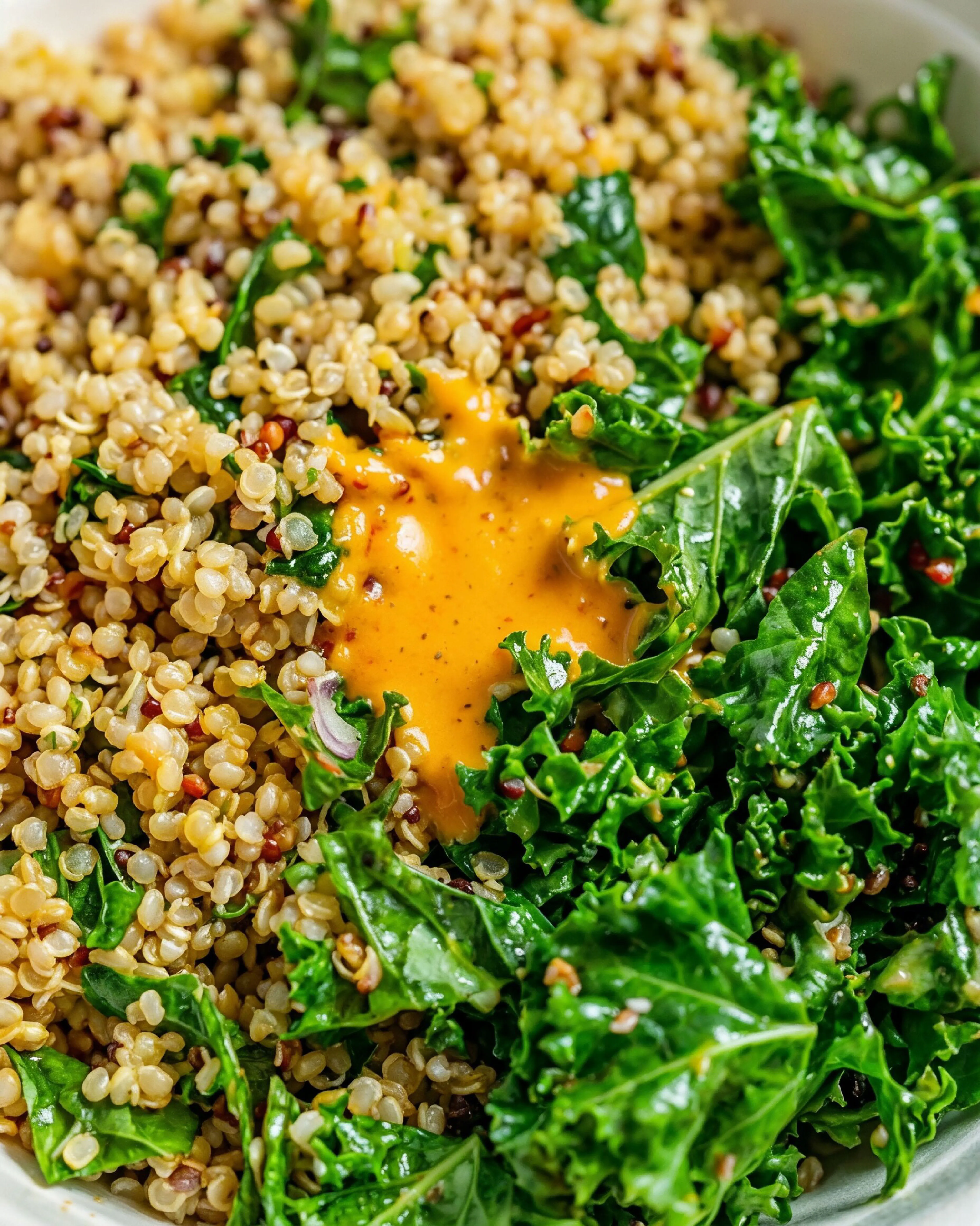 Close-up of quinoa and kale with a house dressing