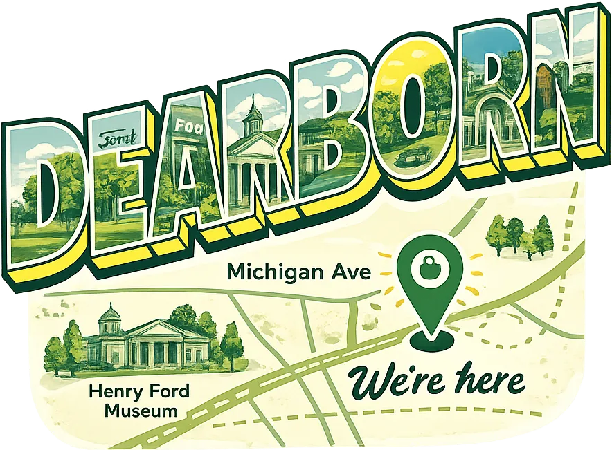 Illustrated Dearborn postcard map showing Bowl Appetit on Michigan Ave