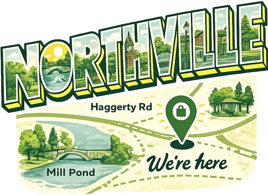Illustrated Northville postcard map showing Bowl Appetit on Haggerty Rd