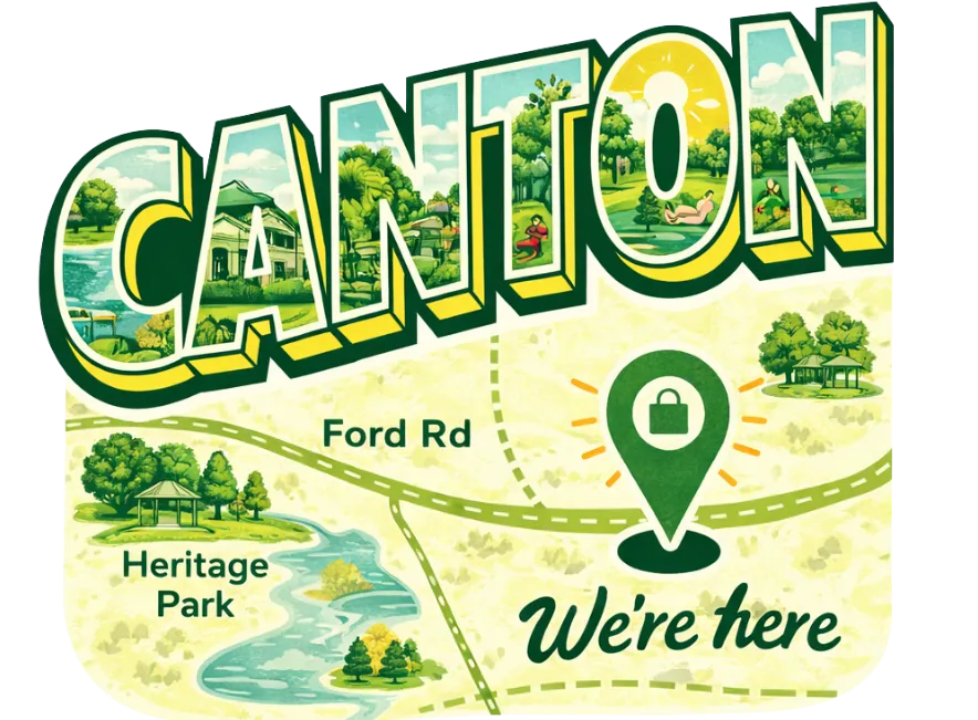 Illustrated Canton postcard map showing Bowl Appetit on Ford Rd