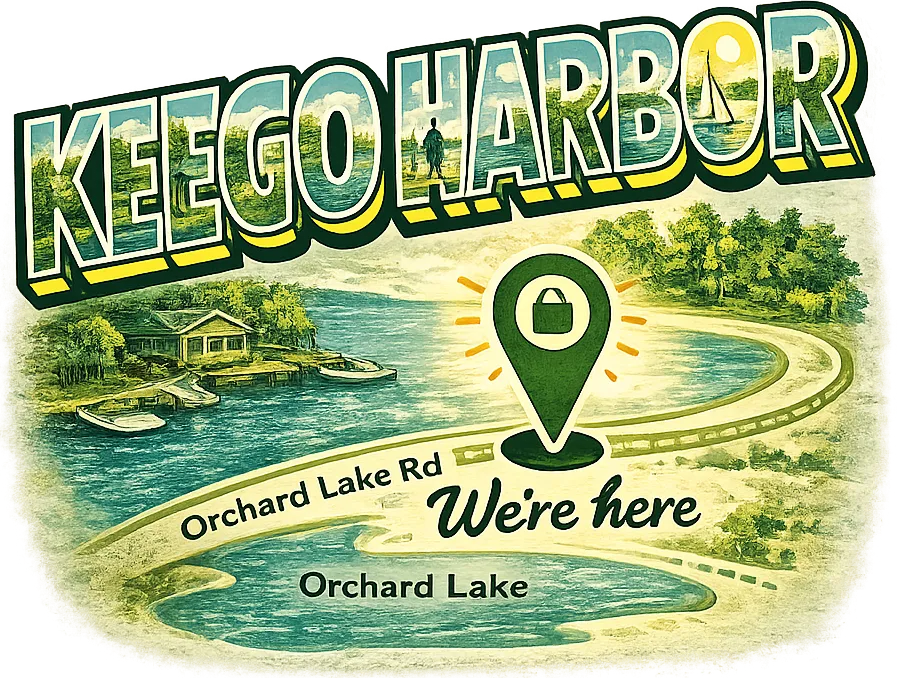 Illustrated Keego Harbor postcard map showing Bowl Appetit on Orchard Lake Rd