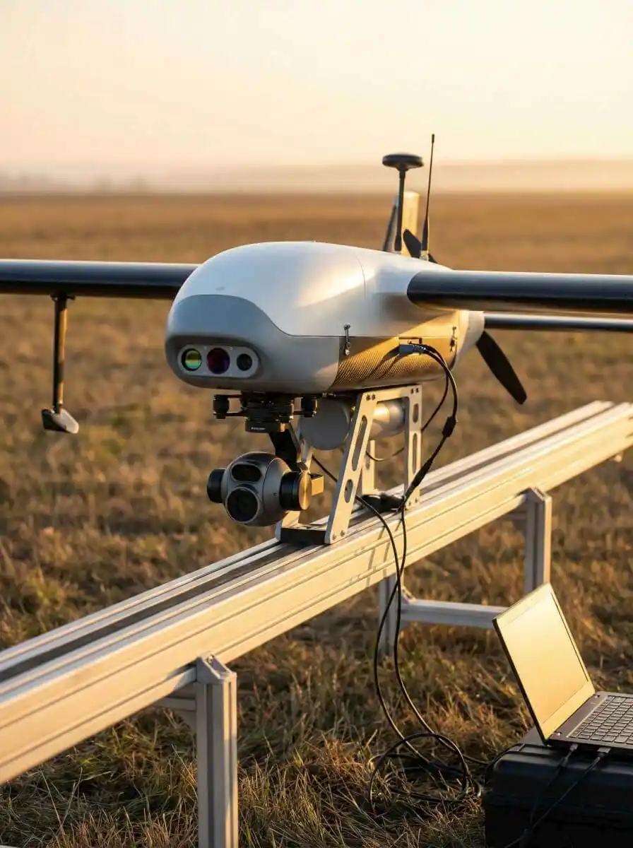 Fixed-wing UAV drone on a field launch pad ready for deployment