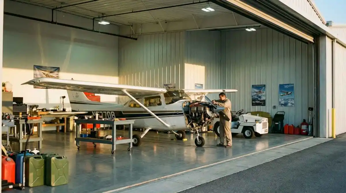 Cessna aircraft engine undergoing maintenance in a hangar