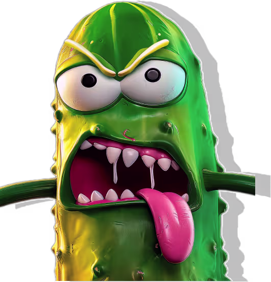 Animated green pickle character with angry eyes, sharp teeth, and tongue sticking out against a black background.