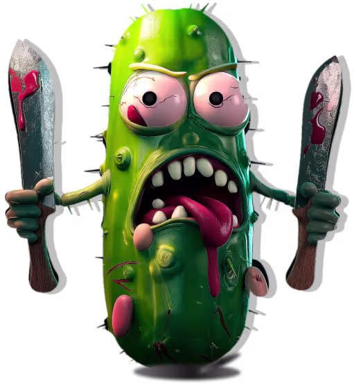 Animated angry green pickle character holding two blood-stained knives with bulging eyes and tongue out.