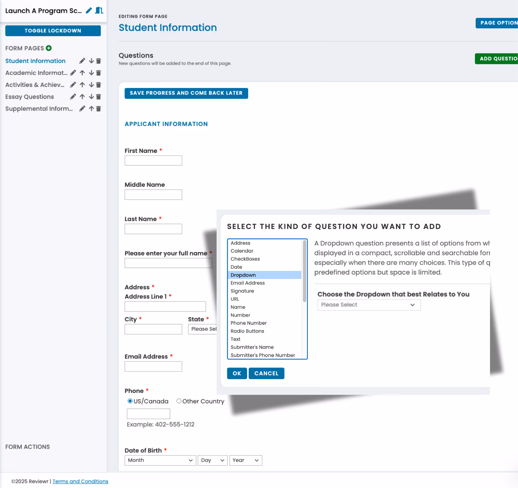 Online form editor displaying a Student Information form with fields for name, address, email, phone, and date of birth, plus a popup to add a dropdown question type.