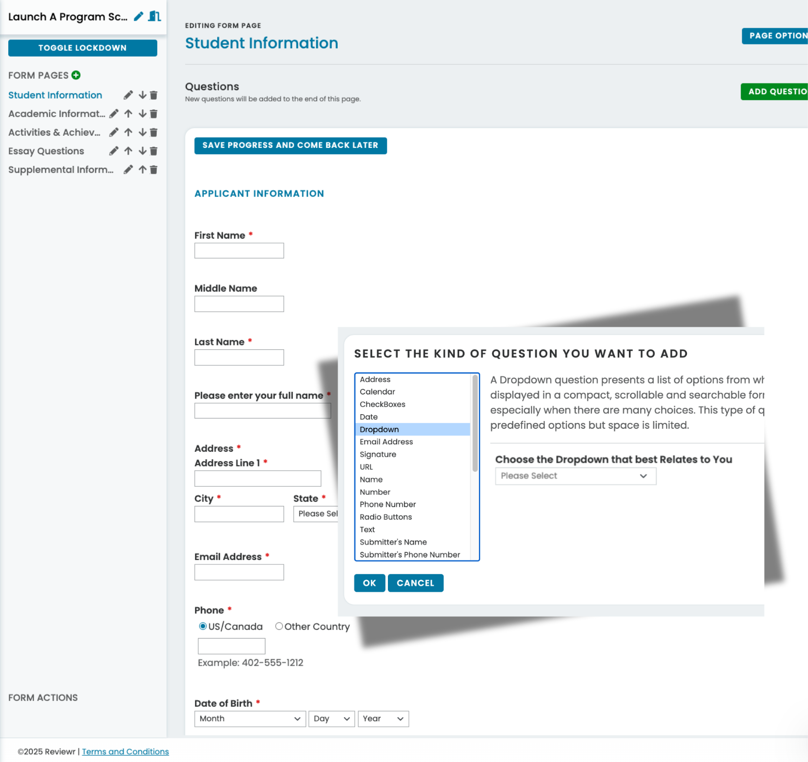 Online form editor displaying a Student Information form with fields for name, address, email, phone, and date of birth, plus a popup to add a dropdown question type.