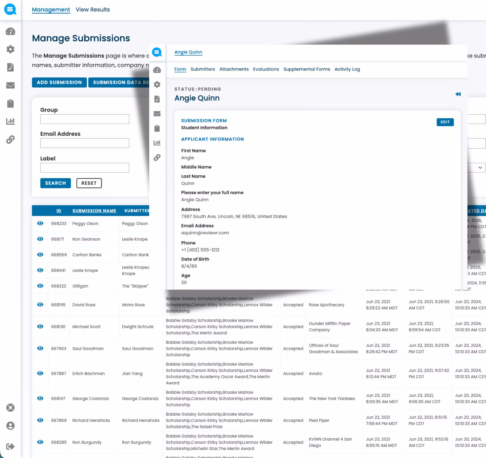 User interface screen showing a Manage Submissions page with a list of applicants and a detailed popup of Angie Quinn's submission form with address, email, phone, and birth date.