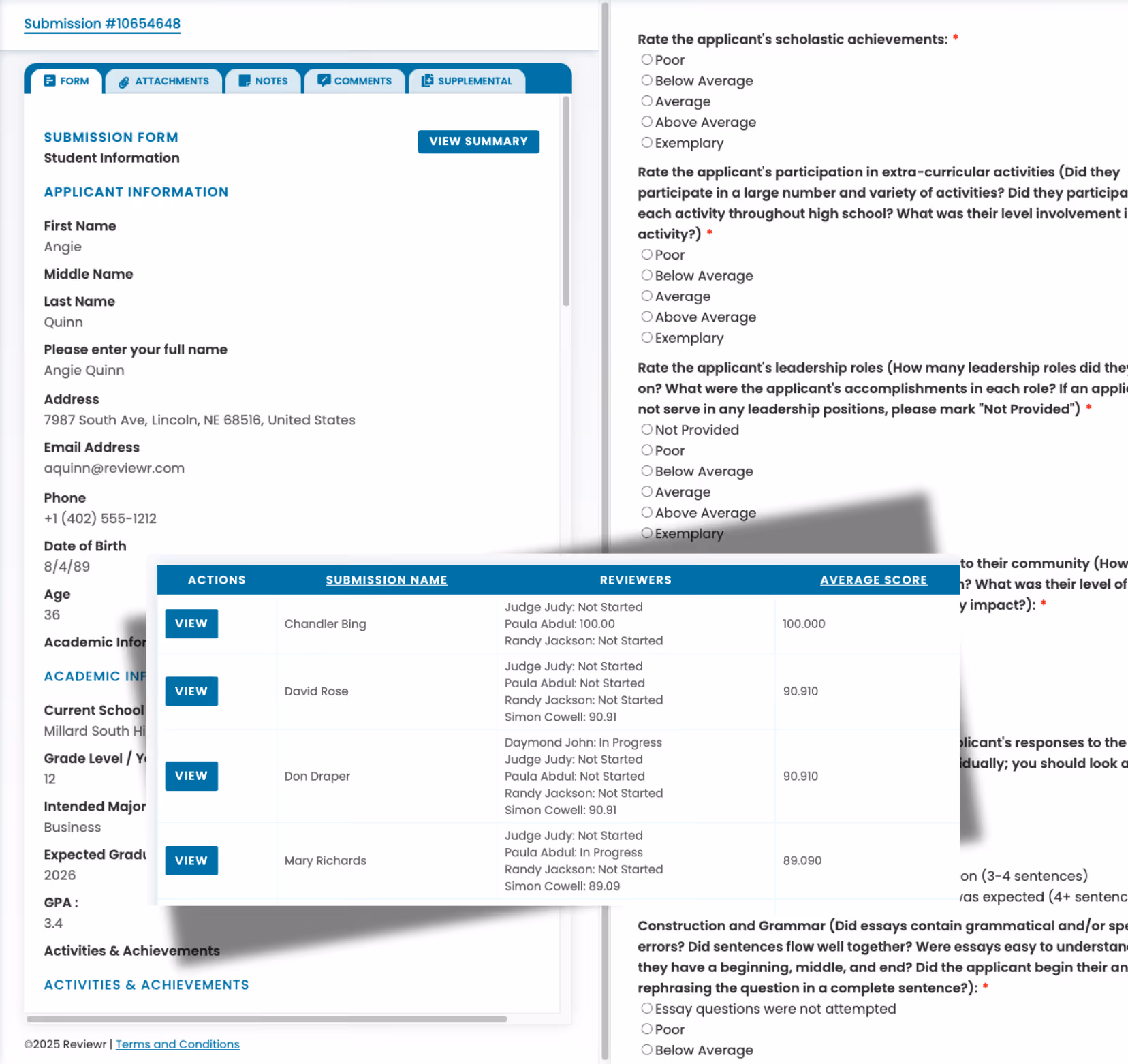 Screenshot of a submission form with applicant's personal and academic information on the left and a reviewers' table with average scores on the right.