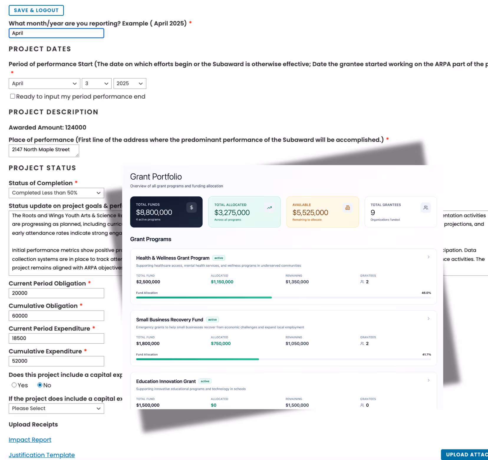 Screenshot showing a grant reporting form with fields for project dates, description, status, and expenditures alongside a Grant Portfolio dashboard displaying total funds, allocated amounts, available funds, and details of three grant programs.