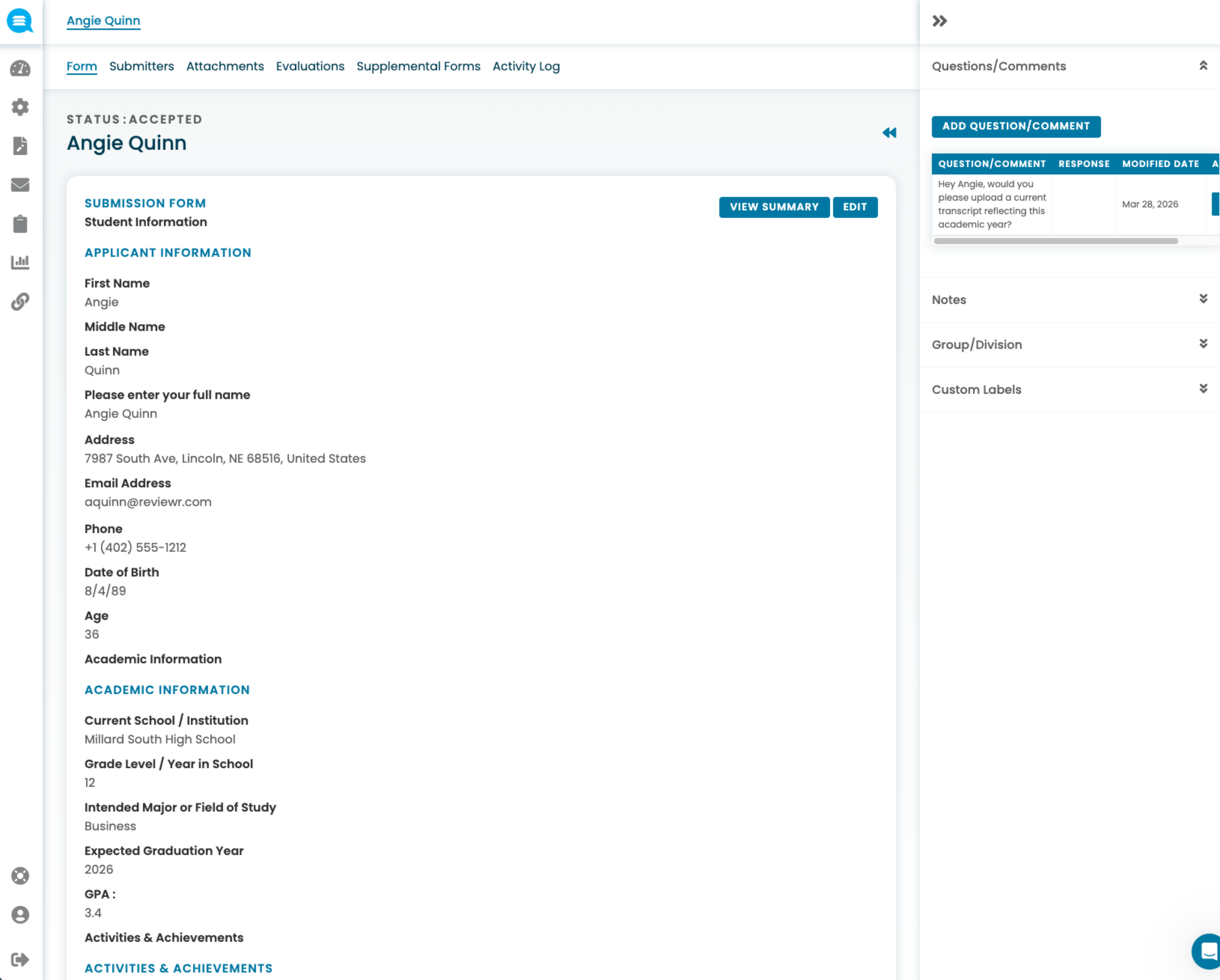 Applicant Angie Quinn's accepted submission form showing personal, academic information, and a question asking for a current transcript.