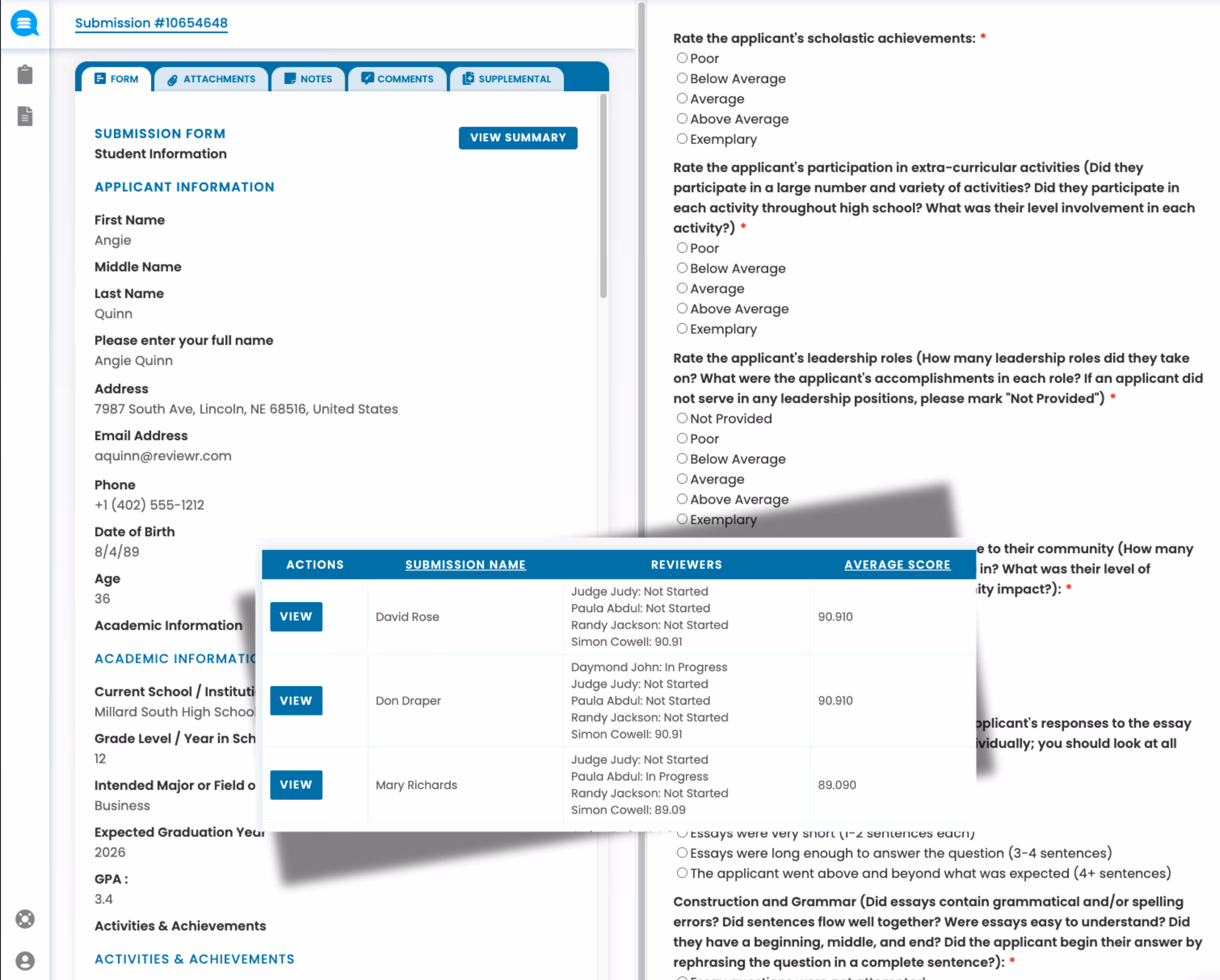 Screenshot of a student submission form with applicant information for Angie Quinn, including contact details, academic information, and sections to rate scholastic achievements, extracurricular participation, leadership roles, and community contributions, alongside a reviewer score table for three submissions.